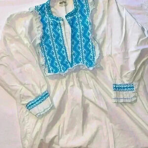 White and Blue Embroidered Relaxed Blouse with Mandarin Collar